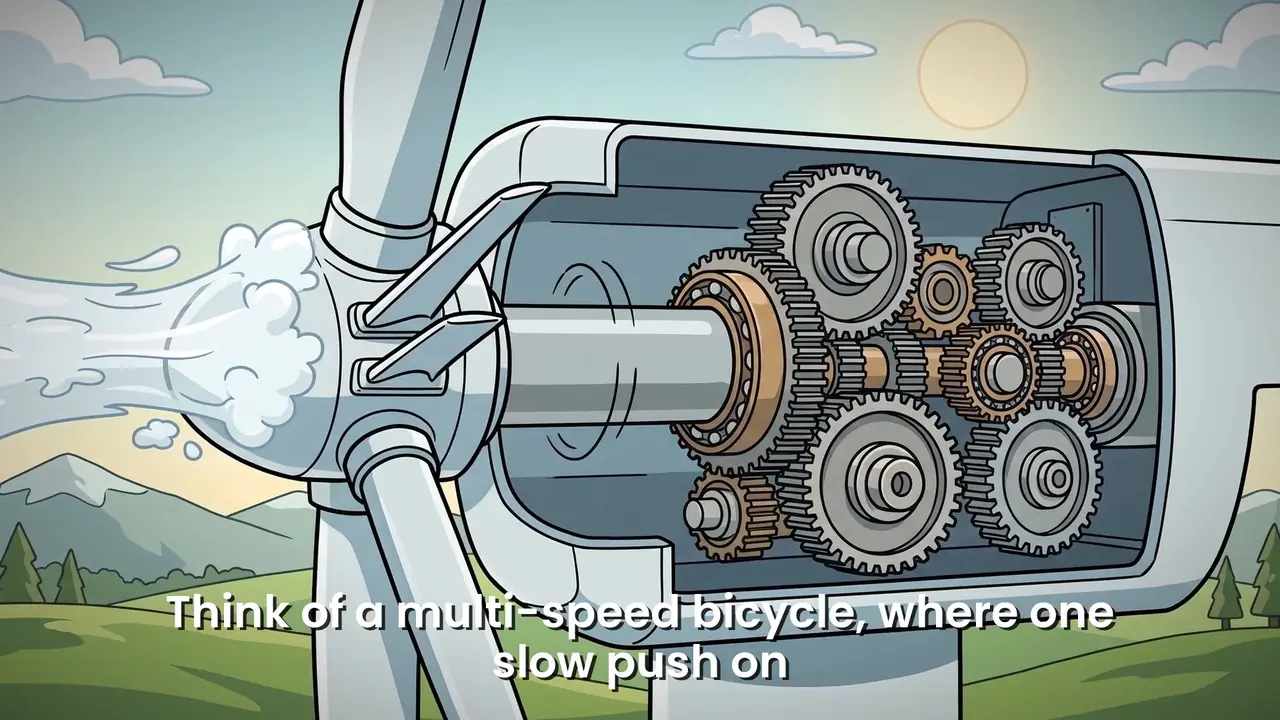 A finished frame with captions: a cutaway of a wind turbine's gearbox, with the caption Think of a multi-speed bicycle, where one slow push on