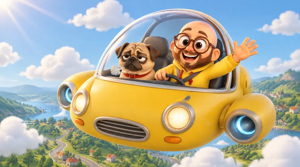 A 3D animated man and his pug waving from a yellow flying car over green hills