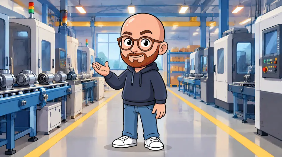 A cartoon presenter in a hoodie on a bright factory floor