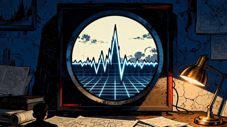 A painted night scene: a radio trace on a round screen beside a brass desk lamp