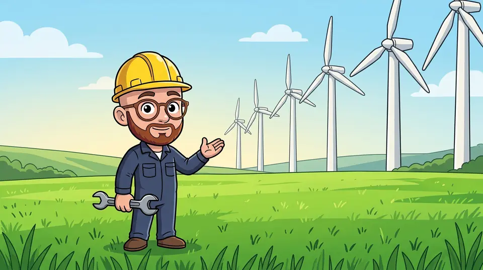 A cartoon engineer in a hard hat in a green field of wind turbines