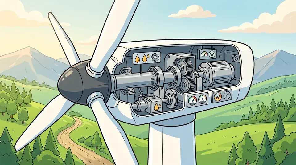 Explainer frame: a wind turbine with its head cut open to show the machinery inside
