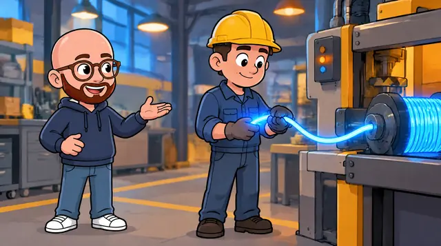 Storyboard frame 19: the presenter and a worker in a hard hat beside a machine with a glowing cable