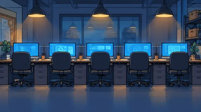 Storyboard frame 21: a row of empty desks with blue screens