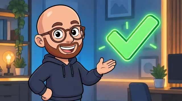 Storyboard frame 22: the presenter smiling beside a large green check mark