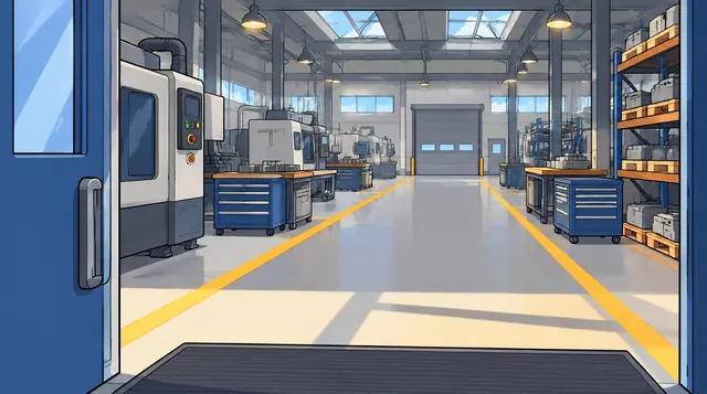 Storyboard frame 24: an open door onto a bright factory floor