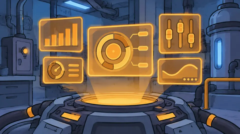 Explainer frame: glowing charts and dials float above a control console on a factory floor