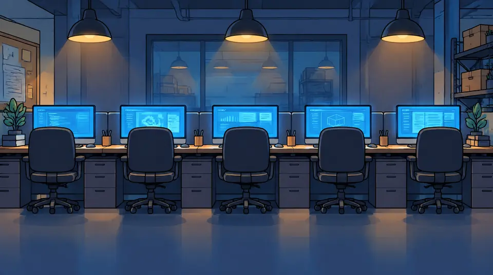 Explainer frame: a row of operator desks with blue screens in a dark control room