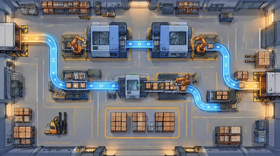Explainer frame: a factory seen from above, with a glowing line tracing an order from machine to machine